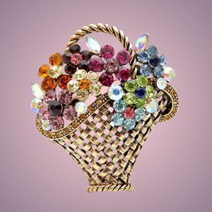 Crystal Flower Basket Brooch - Vintage Gold Tone Pin